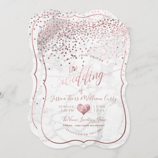 Invitation PixDezines Marble+Faux Rose Gold Confetti Mariage (Devant / Derrière)