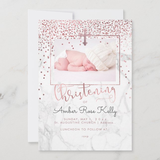 Invitation PixDezines Marble+Faux Rose Gold Dots Christening (Devant)