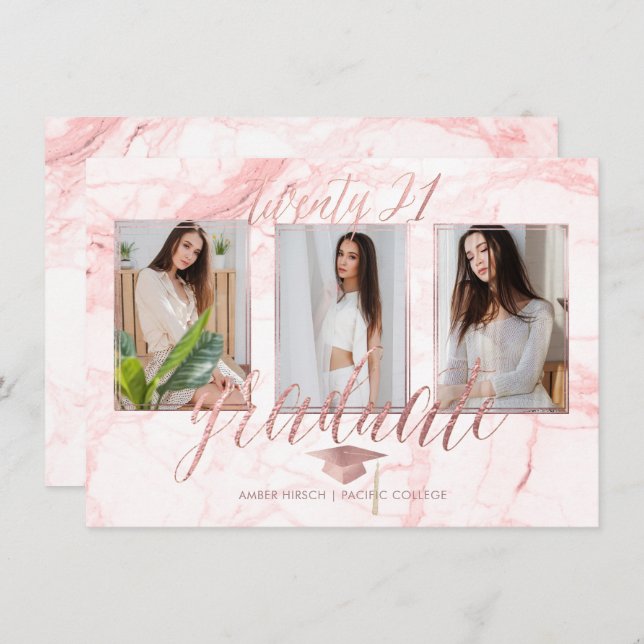 Invitation PixDezines Marble Faux Rose Gold Graduation Invita (Devant / Derrière)