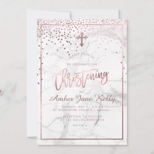 Invitation PixDezines Marble+Faux Rose Points Or/Christening (Devant)