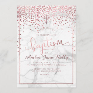 Invitation PixDezines Marble+Faux Roses Gold Dots/Baptême