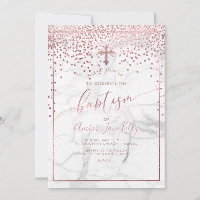 Invitation PixDezines Marble+Faux Roses Gold Dots/Baptême (Devant)