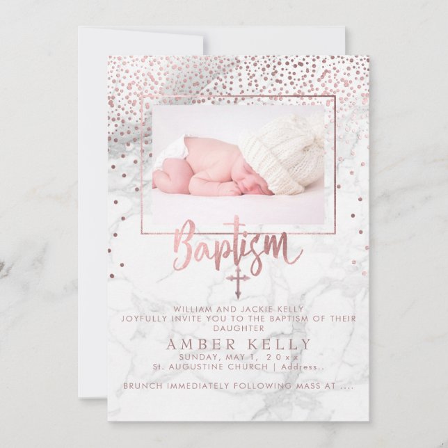 Invitation PixDezines Marble+Faux Roses Gold Dots/Baptême (Devant)