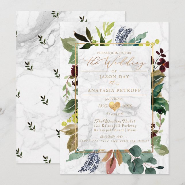 Invitation PixDezines Marble Greenery Coeur Doré (Devant / Derrière)