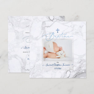 Invitation PixDezines Marbre Blanc, Baptême Bleu Garçon