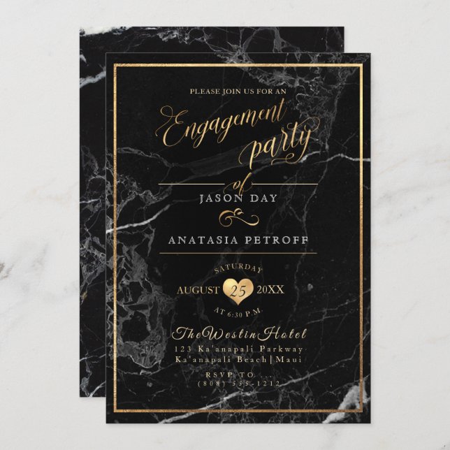 Invitation PixDezines Marbre/Faux Gold/Engagement Party (Devant / Derrière)