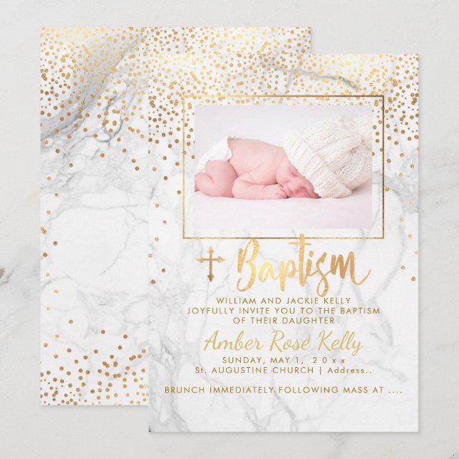 Invitation PixDezines Marbre+Faux Or Points/Baptême (Devant / Derrière)