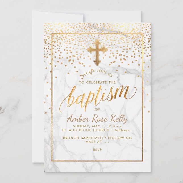 Invitation PixDezines Marbre+Faux points or/Baptême (Devant)