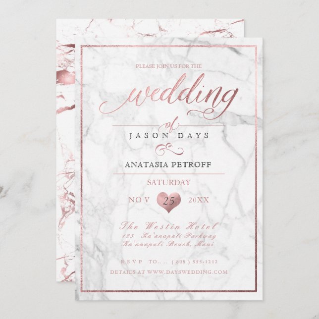 Invitation PixDezines Marbre/Faux Rose Gold/Mariage (Devant / Derrière)