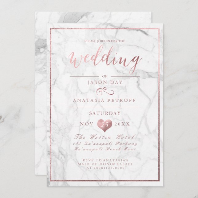 Invitation PixDezines Marbre/Faux Rose Gold/Mariage (Devant / Derrière)