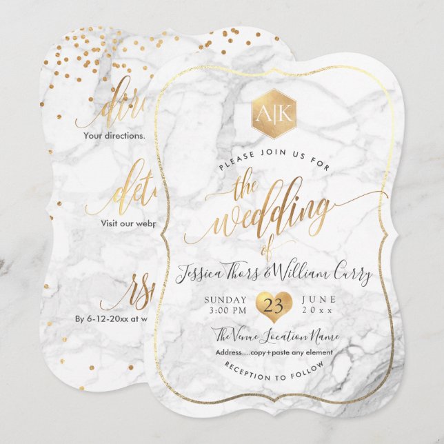 Invitation PixDezines Marbre+Monogramme+Faux Gold Honeycomb (Devant / Derrière)