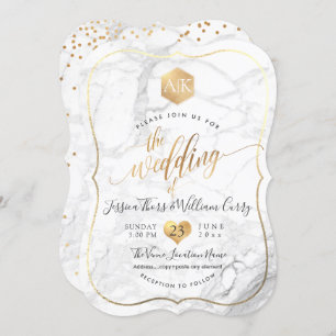 Invitation PixDezines Marbre+Monogramme+Faux Gold Honeycomb