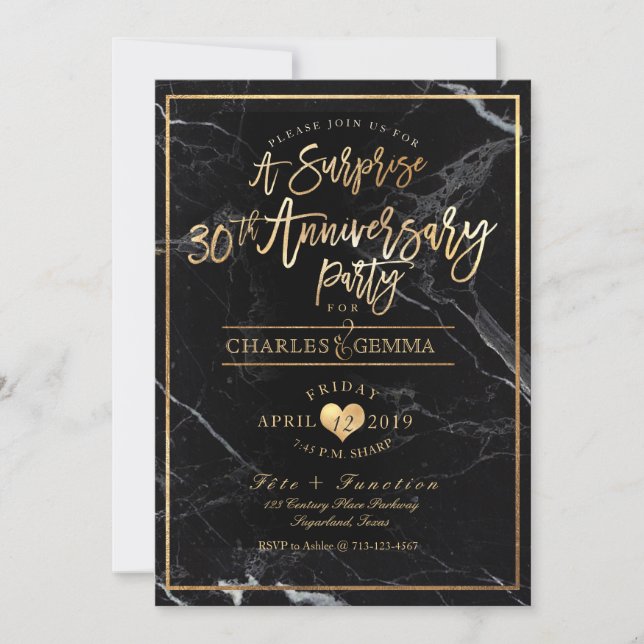 Invitation PixDezines Marbre+Or/30e Anniversaire Surprise (Devant)