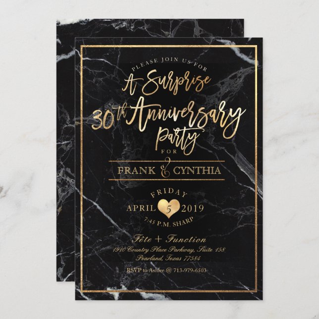 Invitation PixDezines Marbre/Or Faux/Soirée d'anniversaire (Devant / Derrière)