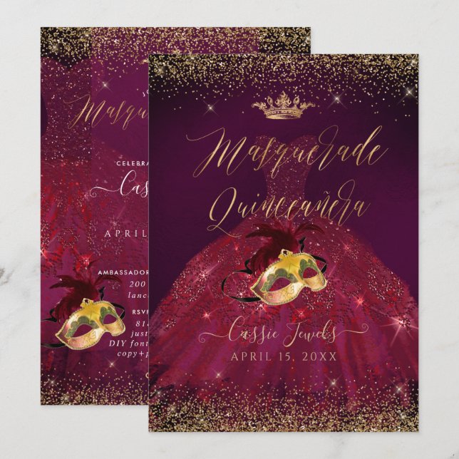 Invitation PixDezines Masquerade Quinceanera Or Bourgogne (Devant / Derrière)