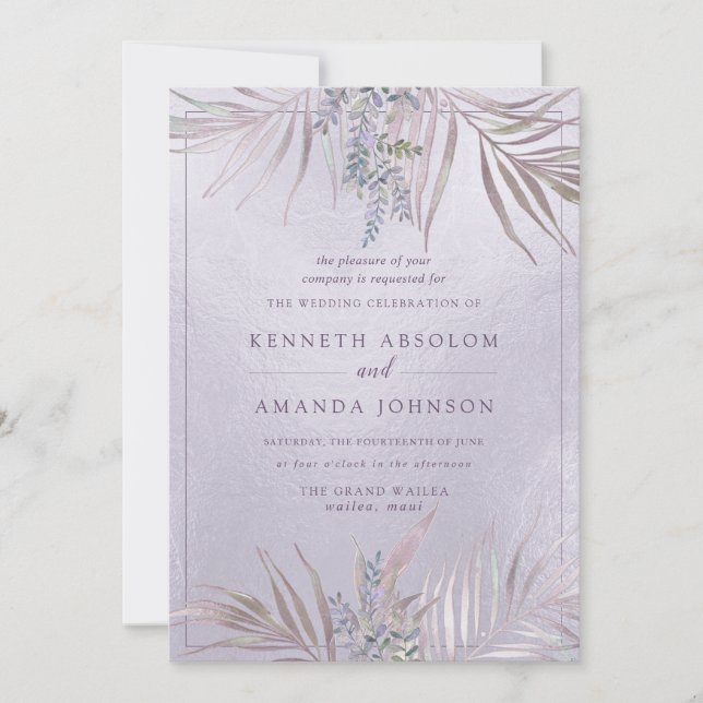 Invitation PixDezines Mauve + Palmiers Lilas, Iridescent (Devant)