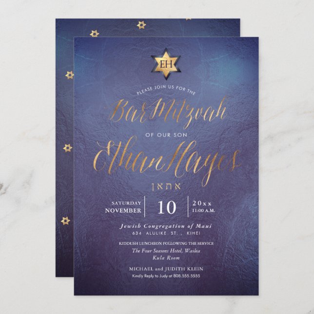 Invitation PixDezines Minimaliste Ombre Blue Mitzvah, Script (Devant / Derrière)