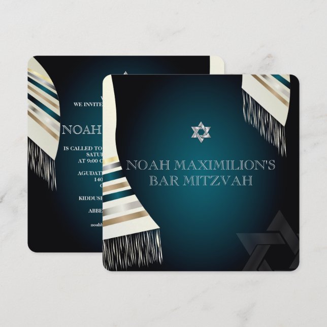 Invitation PixDezines mitzvah/tallit turquoise/arrière - plan (Devant / Derrière)