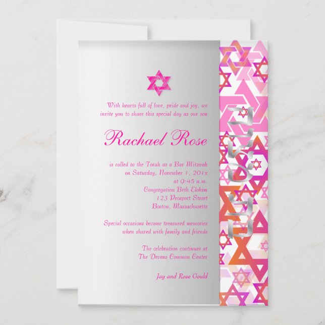 Invitation PixDezines mod étoiles/Bar Mitzvah/rose chaud/arge (Devant)