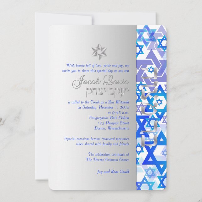 Invitation PixDezines mod stars/Bar Mitzvah/bleu foncé/argent (Devant)