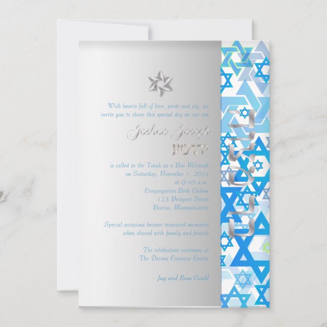 Invitation PixDezines mod stars/Bar Mitzvah/bleu foncé/argent (Devant)