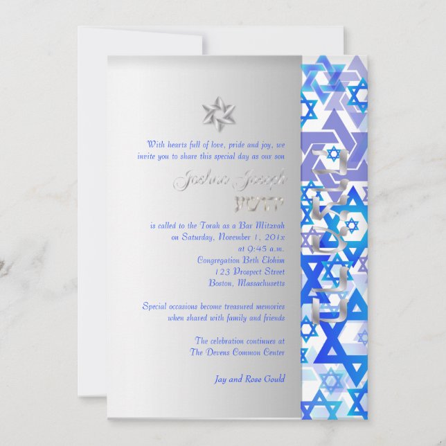 Invitation PixDezines mod stars/Bar Mitzvah/bleu foncé/argent (Devant)