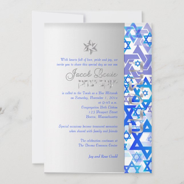 Invitation PixDezines mod stars/Bar Mitzvah/bleu foncé/argent (Devant)