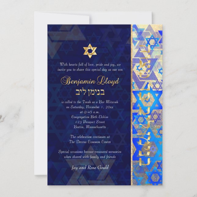 Invitation PixDezines mod stars Bar Mitzvah Dark Blue Gold in (Devant)
