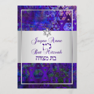 Invitation PixDezines mod stars/Bar Mitzvah/violet/argent