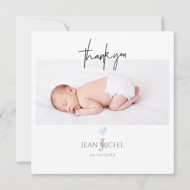 Invitation PixDezines Monogramme Merci Bébé Bleu Coeur (Devant)