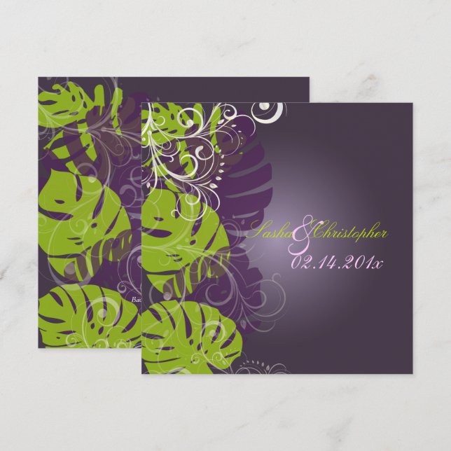 Invitation PixDezines MONSTERA+SWIRLS PURPLE+GREEN (Devant / Derrière)