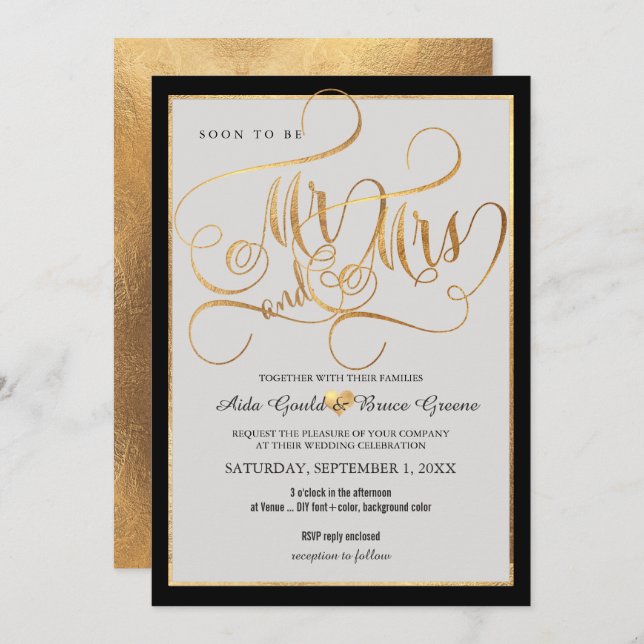 Invitation PixDezines Mr Mme Faux Gold Fancy Script (Devant / Derrière)