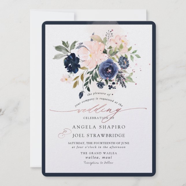 Invitation PixDezines Navy Blush Watercolor Flower (Devant)