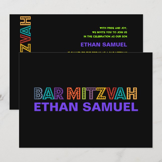 Invitation PixDezines neon bar mitzvah (Devant / Derrière)
