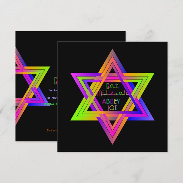 Invitation PixDezines Neon Colors Star de David/Bat mitzvah (Devant / Derrière)