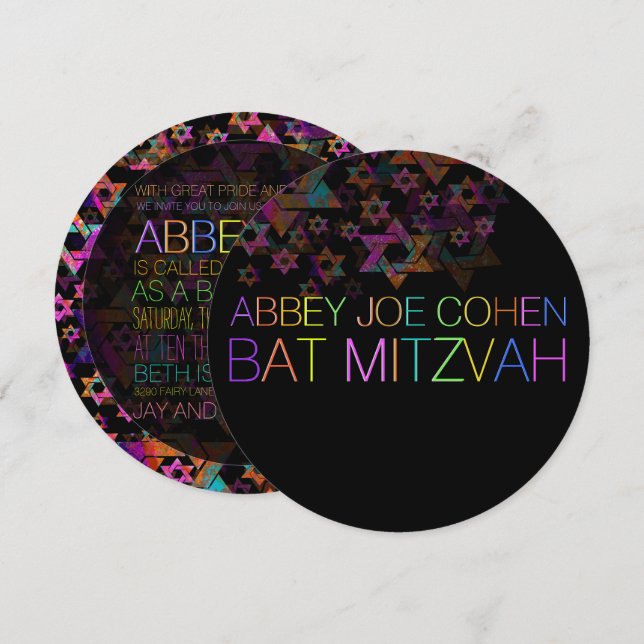 Invitation PixDezines néon/typographie/psychédélique/bat mitz (Devant / Derrière)