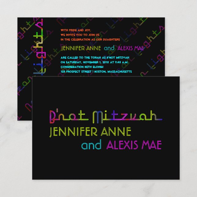 Invitation PixDezines néons b'not mitzvah (Devant / Derrière)