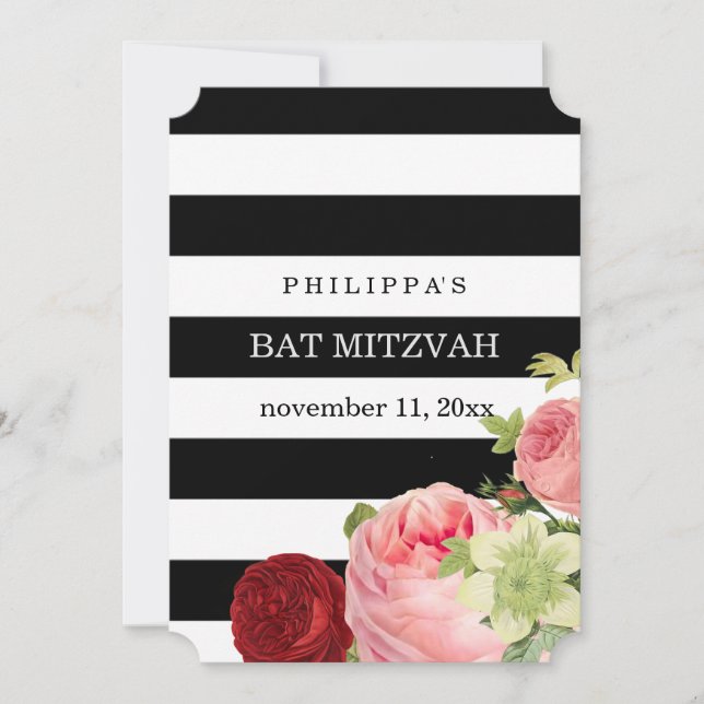 Invitation PixDezines noir blanc rayures mitzvah (Devant)