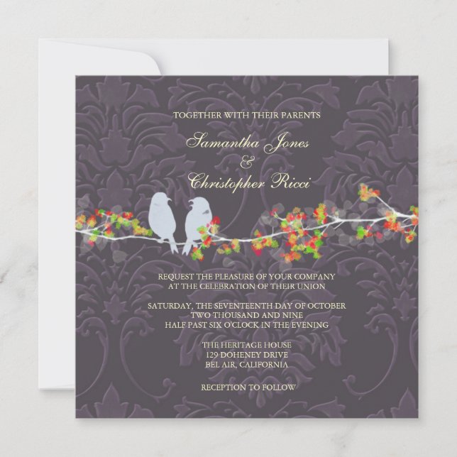 Invitation PixDezines OISEAUX AMOUREUX/DAMAS VIOLET (Devant)