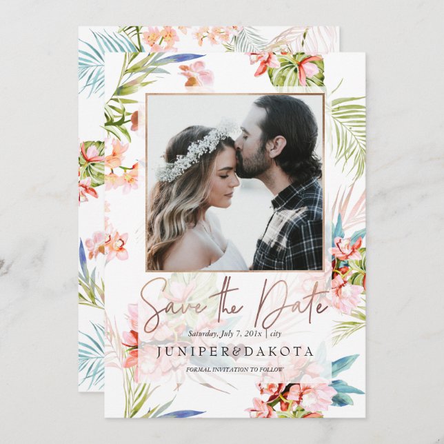 Invitation PixDezines Orchidée Isle, Peach Orchid+Palms (Devant / Derrière)