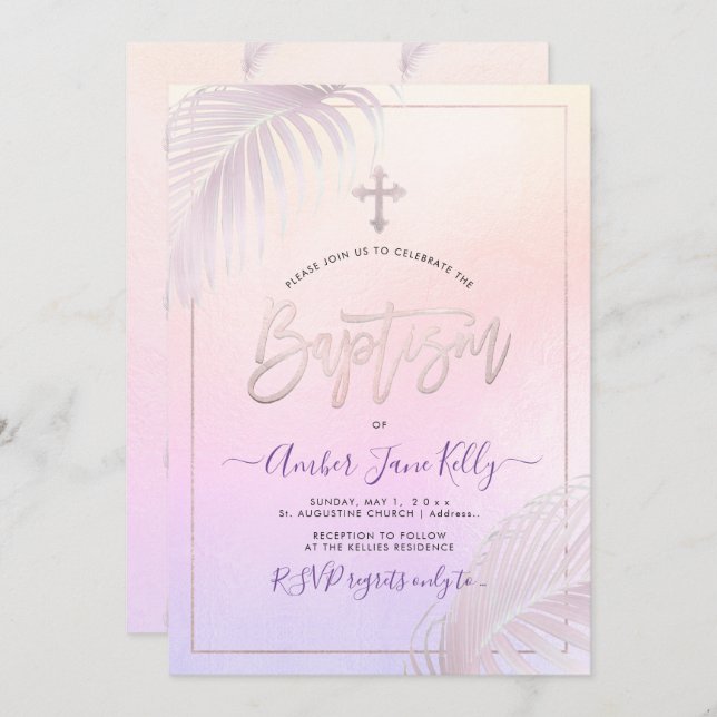 Invitation PixDezines Palms D'Argent Rose Baptême (Devant / Derrière)