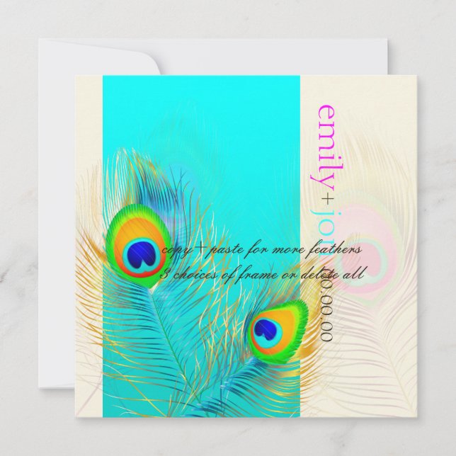 Invitation PixDezines paon plumes/aqua/turquoise (Devant)