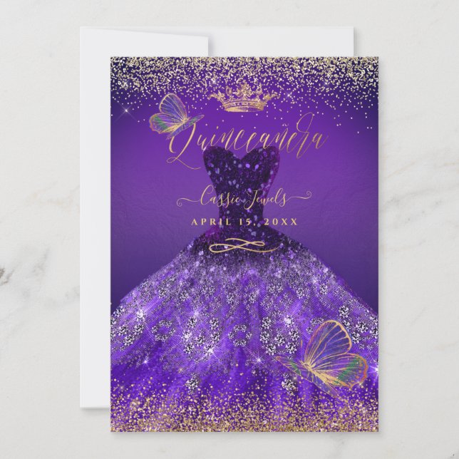 Invitation PixDezines Papillons Quinceanera, Violet foncé (Devant)