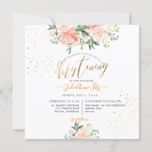 Invitation PixDezines Peach Watercolor Flowers Christening