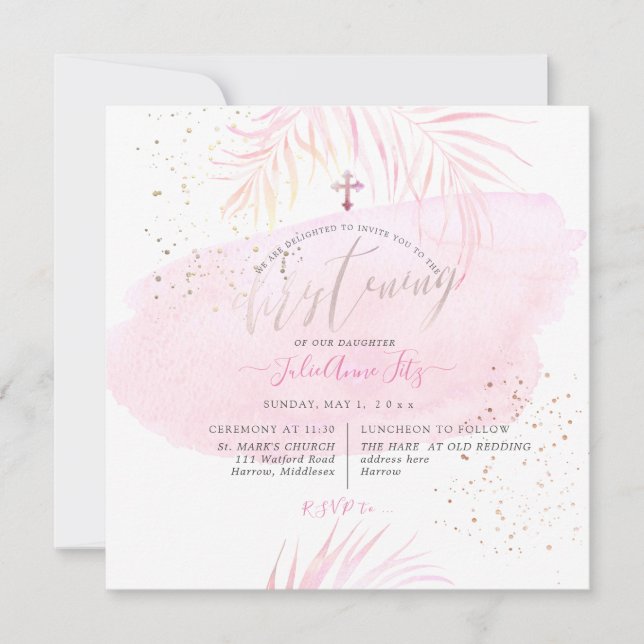 Invitation PixDezines Pink Aquarelle Palms Christening (Devant)