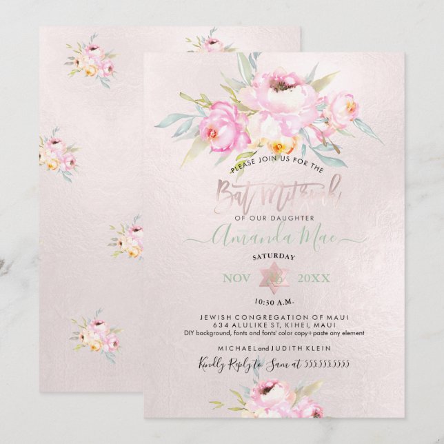 Invitation PixDezines Pink Peonies Aquarelle Bat Mitzvah (Devant / Derrière)