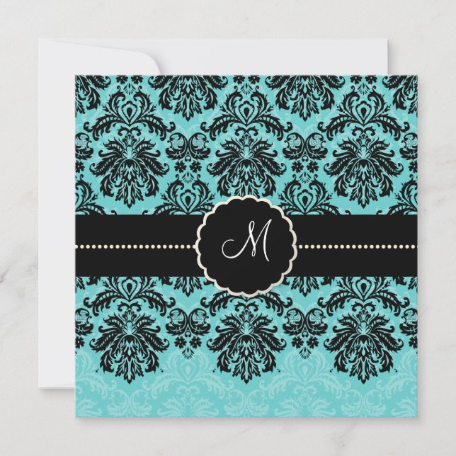 Invitation PixDezines Piqué, Damask / Black+Aqua Blue Velvet (Devant)