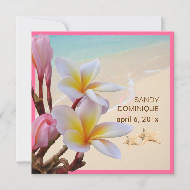 Invitation PixDezines Plumeria rose + Plage + étoiles de mer (Devant)