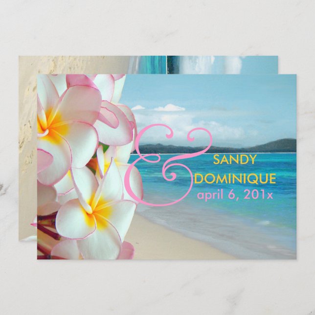 Invitation PixDezines Plumeria rose/plage/mariage tropical (Devant / Derrière)