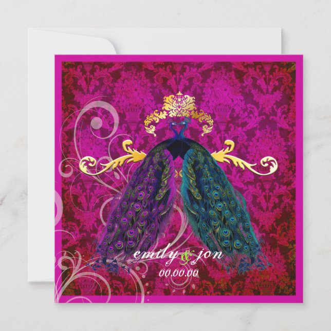 Invitation PixDezines plumes de paon psychédélique/rose chaud (Devant)
